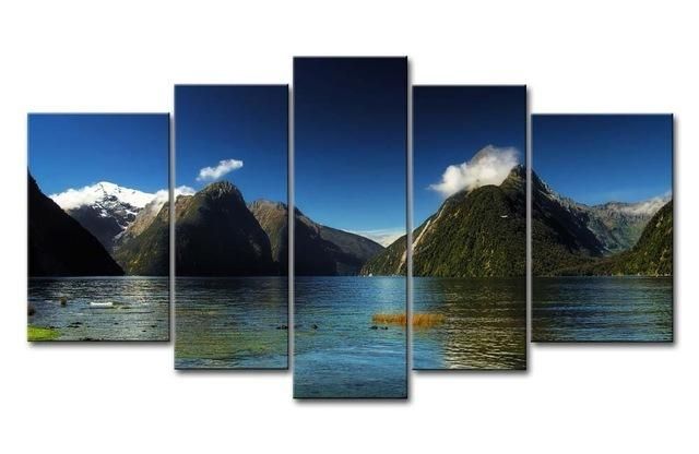 Wall Art Painting Pictures 5 Piece Milford Sound New Zealand Blue Regarding Lake District Canvas Wall Art (View 15 of 20)