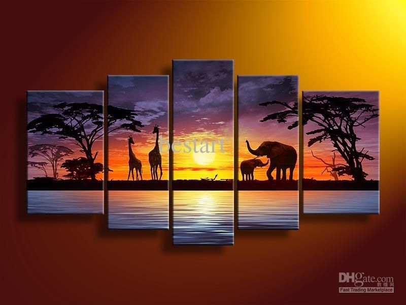 2018 Hand Painted Oil Wall Art Sun Elephants Deer Landscape Oil With Regard To Wall Art Paintings (Photo 3 of 10)