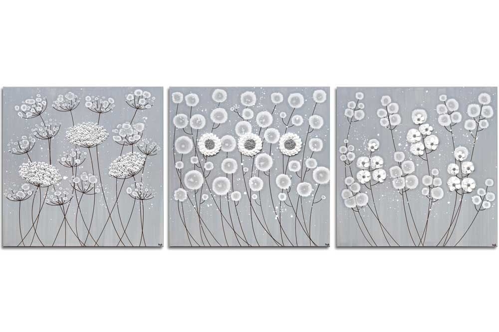 3 Piece Wall Art Flowers In Neutral Gray White – Extra Large | Amborela Throughout Grey And White Wall Art (Photo 1 of 10)