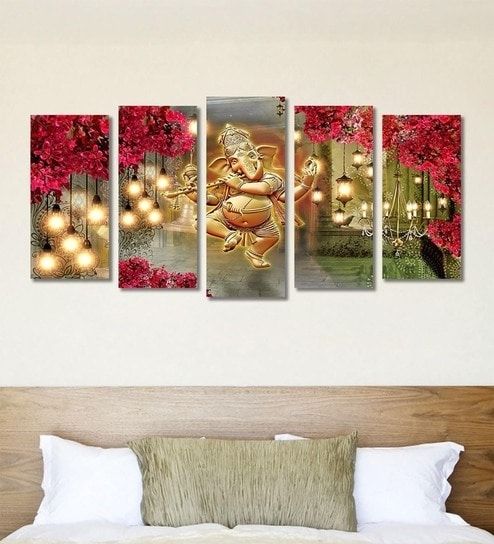 Buy Cotton Canvas 78.7 X 1 X 39.8 Inch Golden Lord Ganesha Framed Inside Wall Art Panels (Photo 3 of 10)