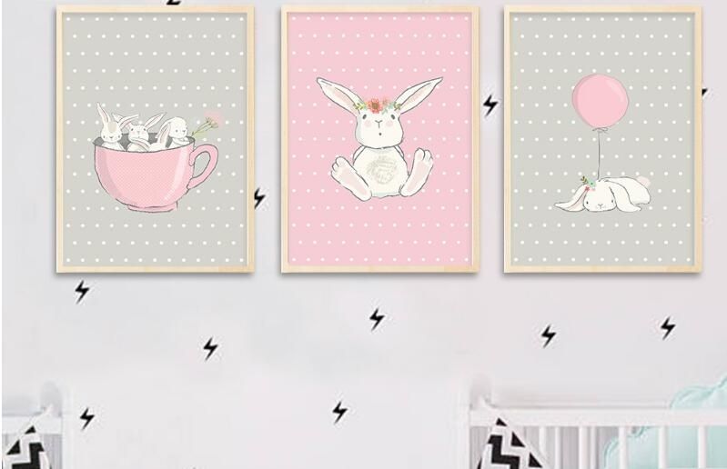 Cute Pink Rabbit Bunny Wall Art Canvas Posters Cartoon Decoration Pertaining To Bunny Wall Art (Photo 7 of 10)