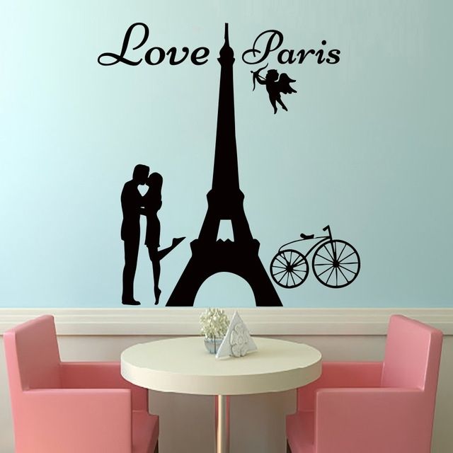Dctop Angels Love Paris Wall Decals Lover Kissing And Bike Removable For Paris Wall Art (View 6 of 10)