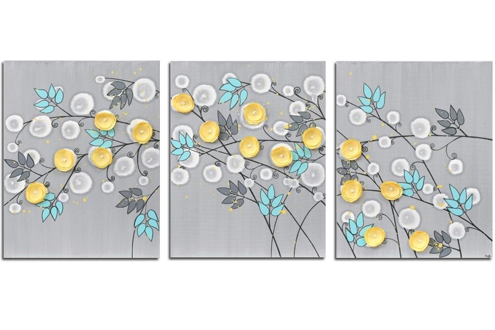 Gray And Yellow Wall Art Painting Of Flowers On Canvas – Large With Regard To Yellow Wall Art (View 1 of 10)