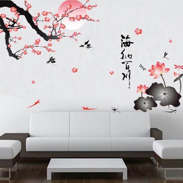 Sakura Flower Birds Wall Stickers Home Decor Living Room Diy Intended For Home Decor Wall Art (View 3 of 10)
