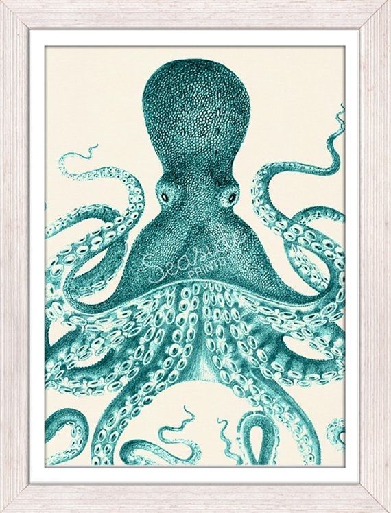 Wall Decor Poster Vintage Octopus Nº33  Sea Life Poster Print Pertaining To Octopus Wall Art (View 7 of 10)