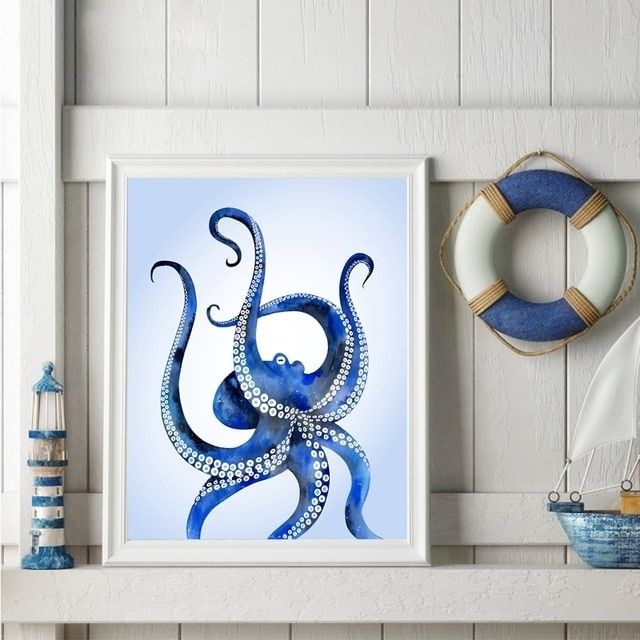 Watercolor Ocean Octopus Art Print Pictures , Modern Ocean Animal With Octopus Wall Art (View 4 of 10)
