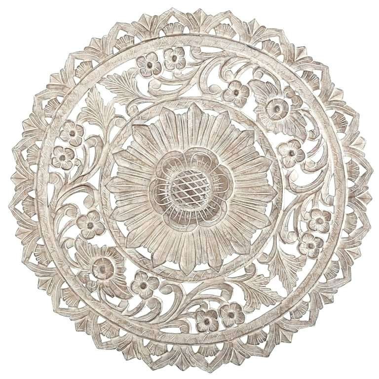 Wooden Wall Medallion White Wood Wall Art Unique Carved Whitewash In Round Wall Art (Photo 8 of 10)