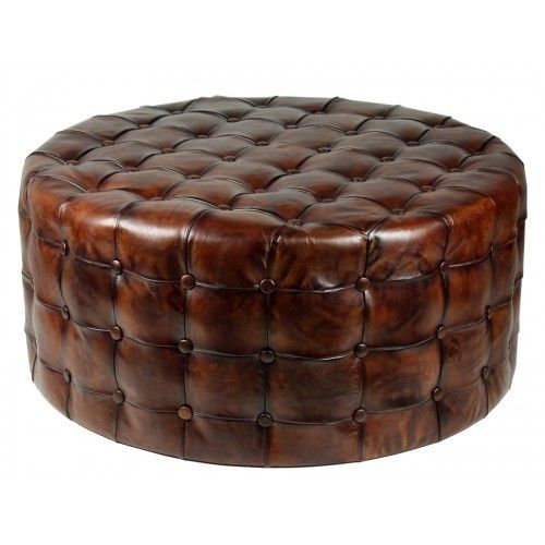 Antique Brown Leather Round Button Tufted Coffee Table Ottoman For Round Button Tufted Coffee Tables (View 2 of 40)
