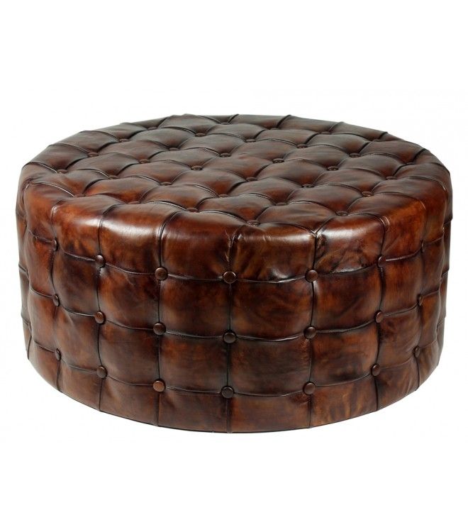 Antique Brown Leather Round Button Tufted Coffee Table Ottoman Regarding Button Tufted Coffee Tables (View 9 of 40)