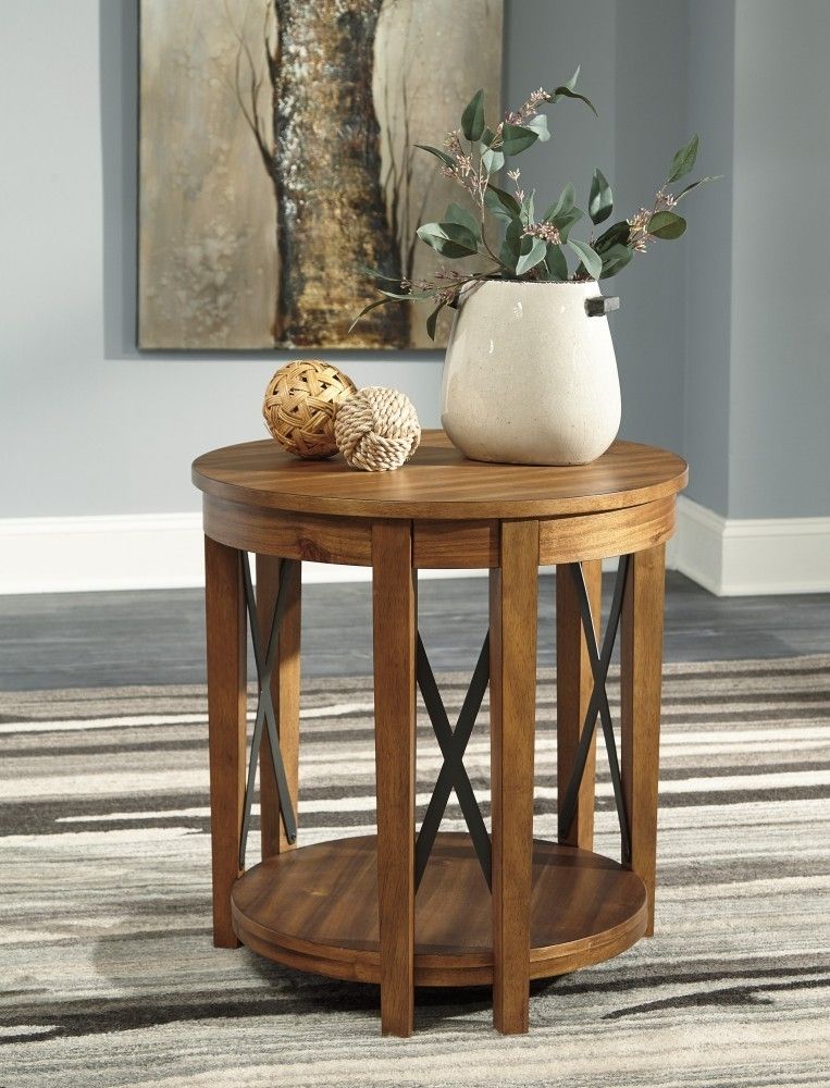 Emilander – Light Brown – Round End Table | T433 6 | End Tables Regarding Baybrin Cocktail Tables (View 25 of 40)