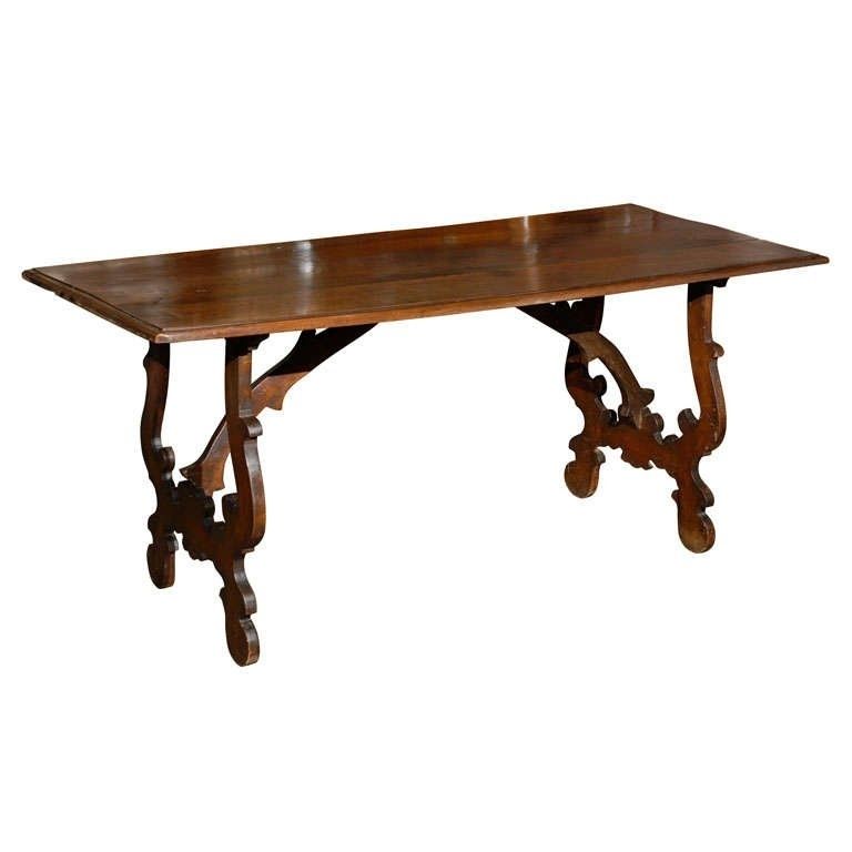 Exquisite Italian Early 19Th Century Walnut Trestle Table With Lyre Throughout Lyre Coffee Tables (View 25 of 40)