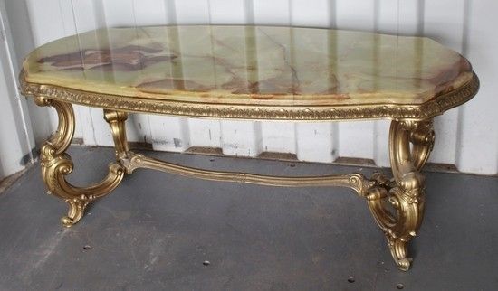 Heavy Vintage Brass Coffee Table With Shaped Onyx Top In Antique Brass Coffee Tables (View 6 of 40)