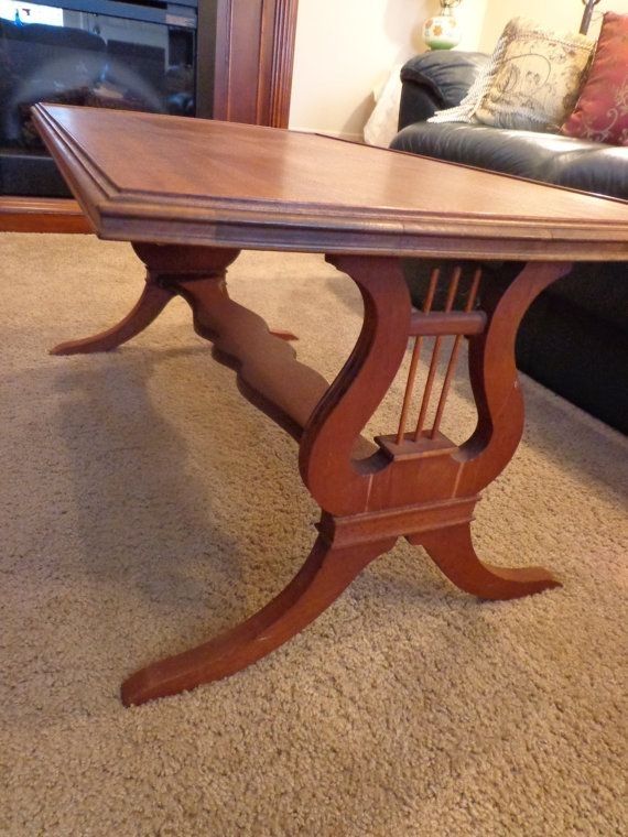 Lyre Wood Coffee Table, Warm Stained Wood Coffee Table With Harp With Regard To Lyre Coffee Tables (View 31 of 40)