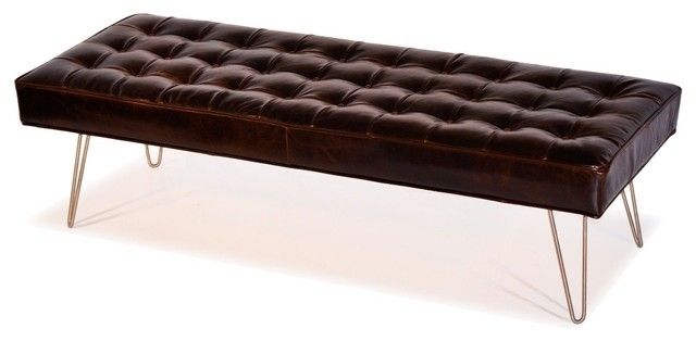 Mid Century Modern, Dark Brown, Button Tufted Leather Bench Ottoman Throughout Button Tufted Coffee Tables (View 3 of 40)