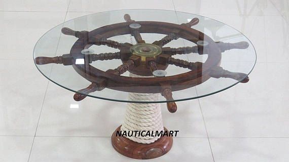 Nauticalbase Rope Folded Natural Oak Wood Ship Wheel Table | Ship Within Natural Wheel Coffee Tables (Photo 15 of 40)
