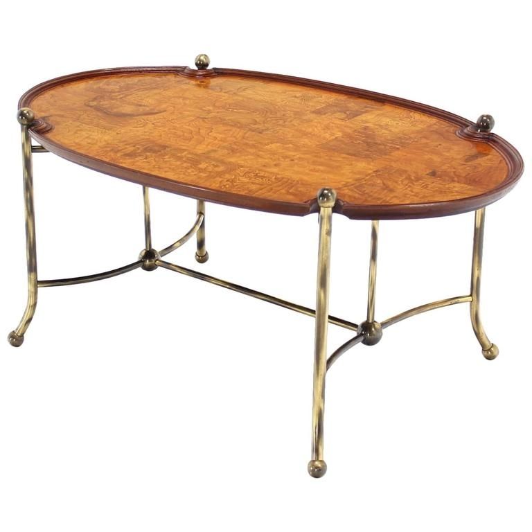 Patch Burl Wood Top And Brass Base Oval Coffee Table At Regarding Joni Brass And Wood Coffee Tables (View 12 of 40)