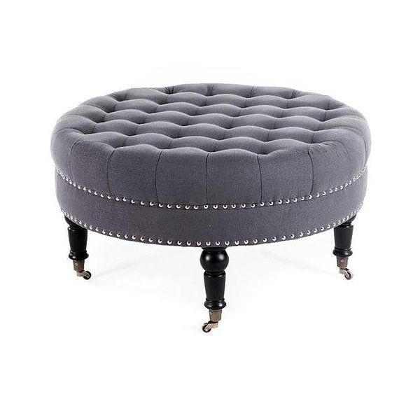 Shop Belleze Round Button Tufted Ottoman Nailhead Trim W/ Caster Within Round Button Tufted Coffee Tables (View 26 of 40)