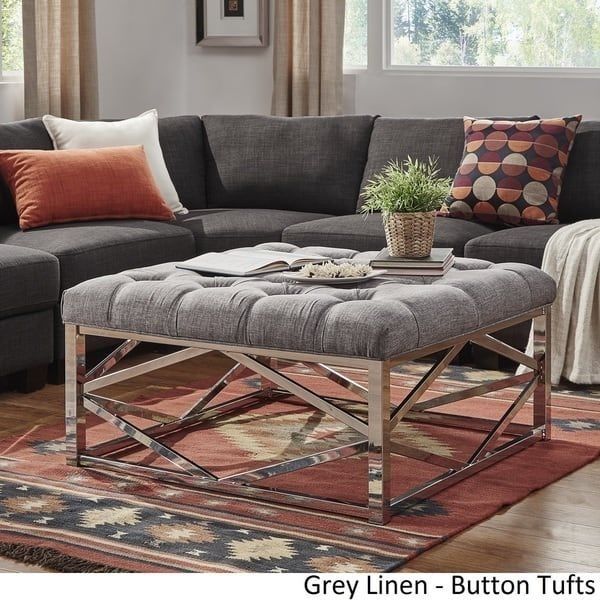 Solene Geometric Base Square Ottoman Coffee Table – Chrome With Elba Ottoman Coffee Tables (View 28 of 40)
