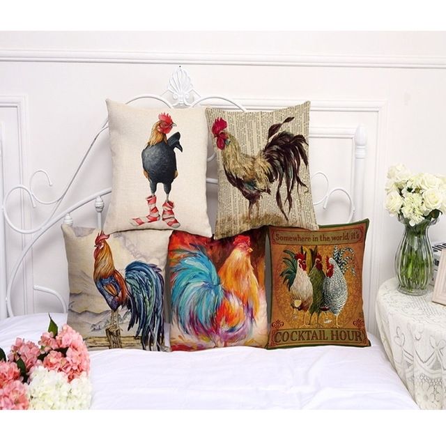 Square 45X45Cm Cotton Linen Retro Cock Sofa Throw Pillows Chicken Within Combs Cocktail Tables (Photo 30 of 40)