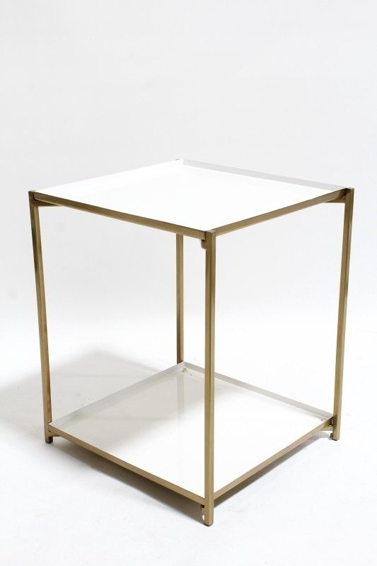 Table Side Brass Cube Frame Glossy White Enamel Top Lower Level With Regard To Brass Iron Cube Tables (View 7 of 40)