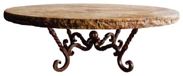 Wrought Iron Coffee Table 48" Round Travertine Marble Top W Pertaining To Chiseled Edge Coffee Tables (View 5 of 40)