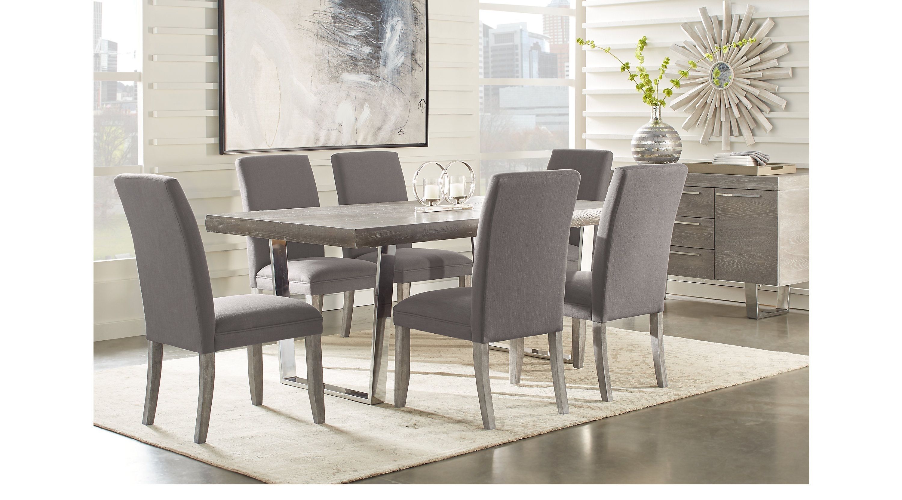 Gray Dining Room Table / ZEYNA 5PC ROUND PLATINUM SILVER FINISH WOOD