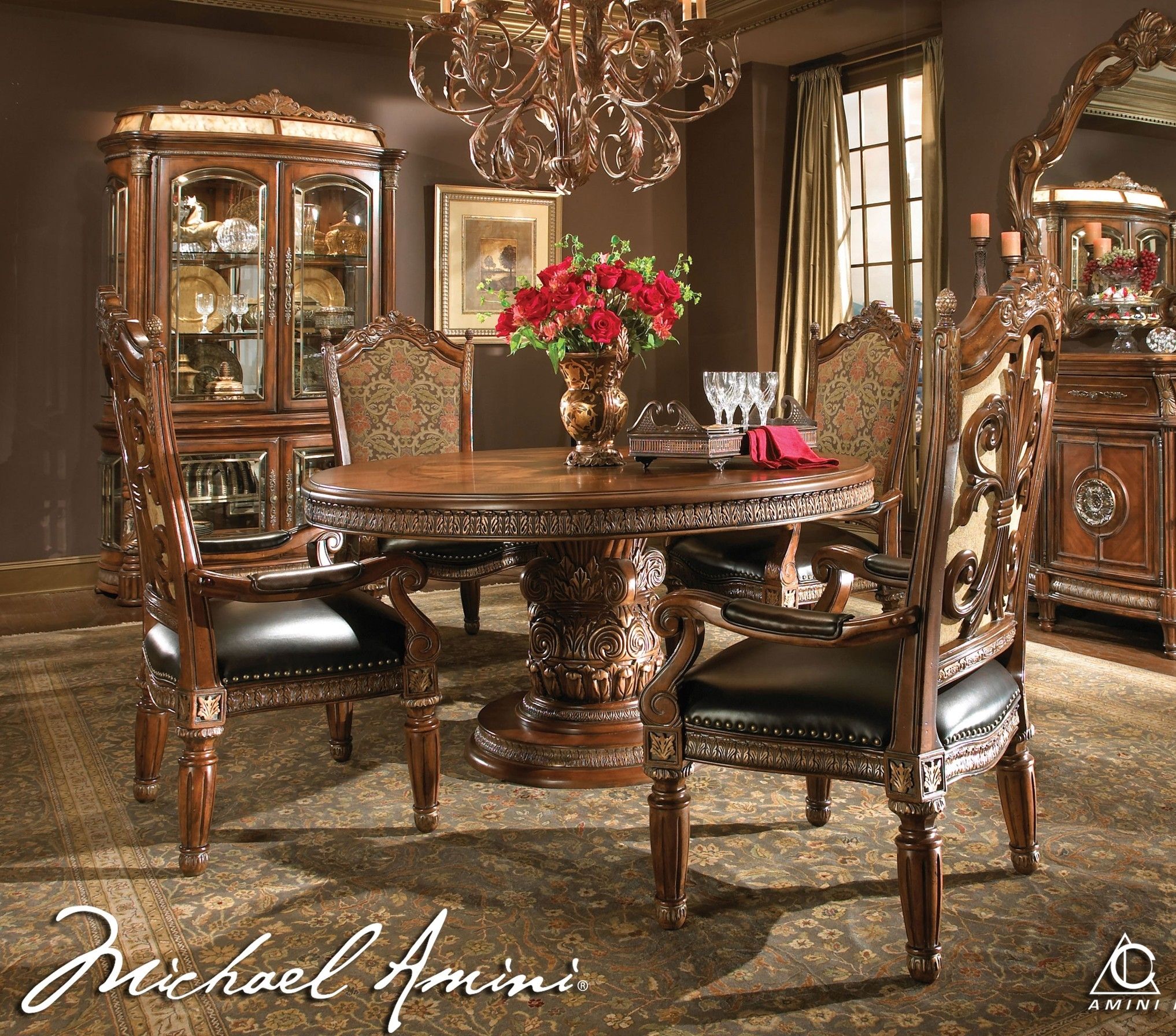 Michael Amini 5Pc Villa Valencia Round / Oval Dining Table Set & 4 With Most Popular Valencia 72 Inch 6 Piece Dining Sets (View 8 of 20)