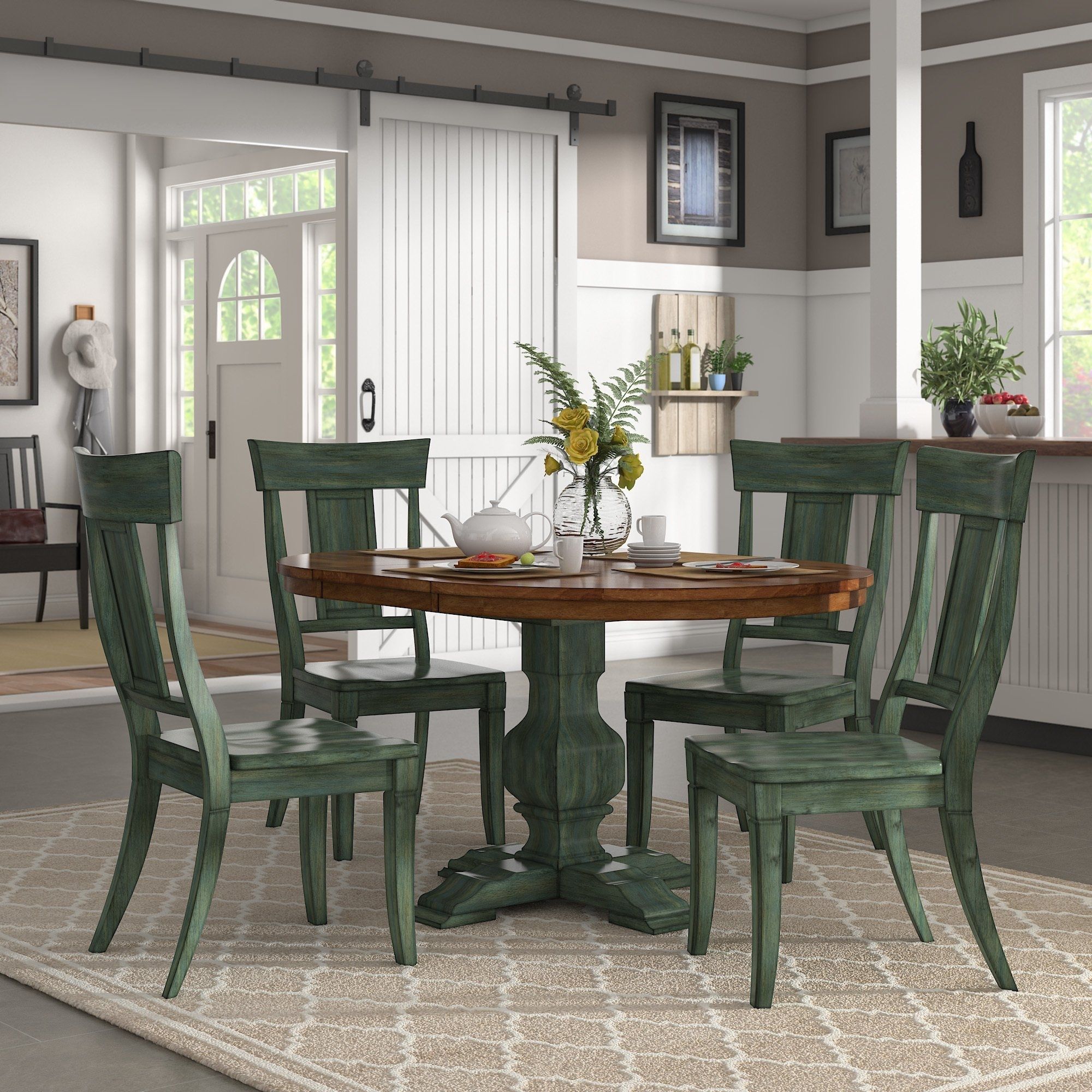Shop Eleanor Sage Green Extending Oval Wood Table Panel Back 5 Piece With Regard To Best And Newest Craftsman 5 Piece Round Dining Sets With Uph Side Chairs (View 3 of 20)