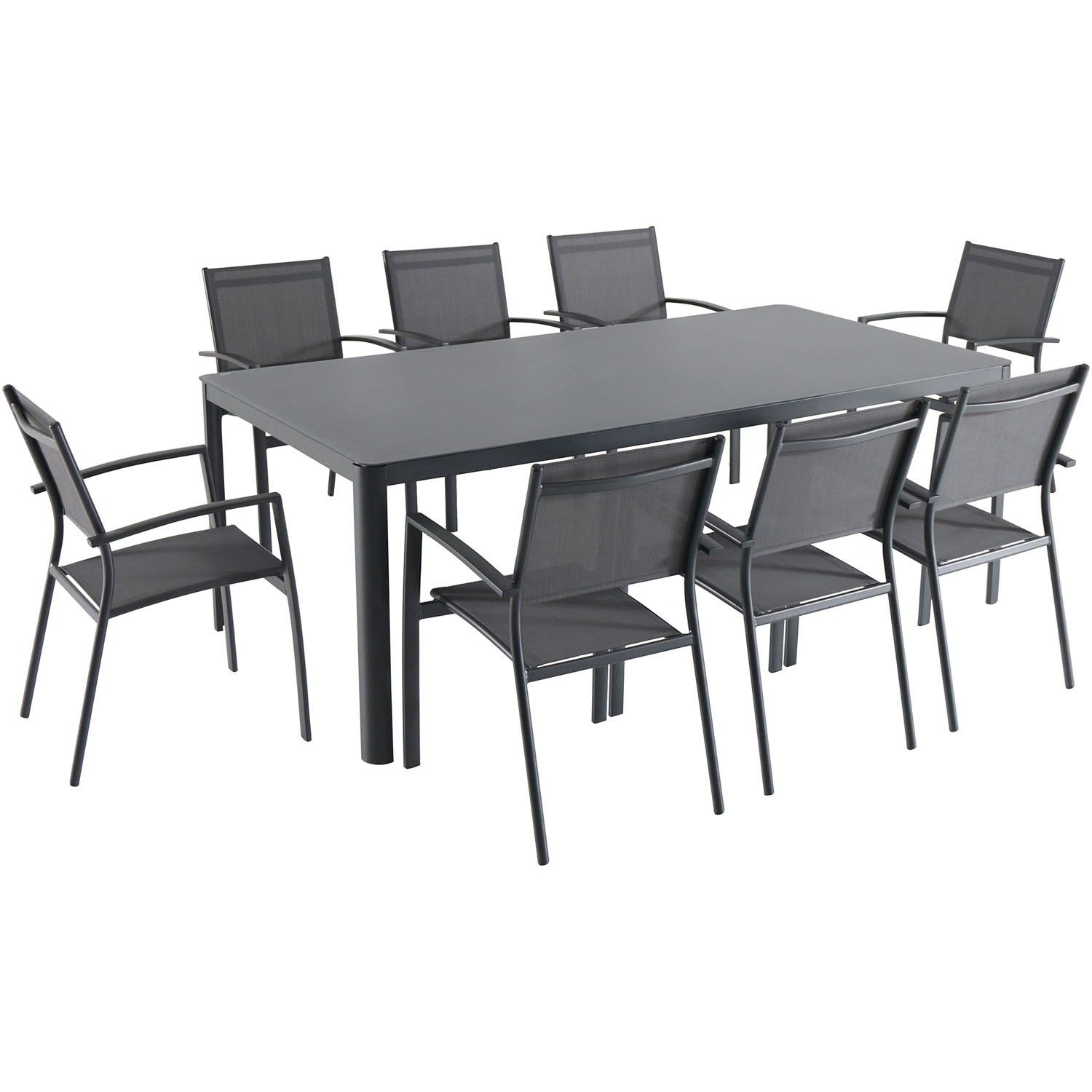 Shop Hanover Fresno 9 Piece Outdoor Dining Set With 8 Sling Arm Regarding Most Recently Released Grady 5 Piece Round Dining Sets (Photo 8 of 20)