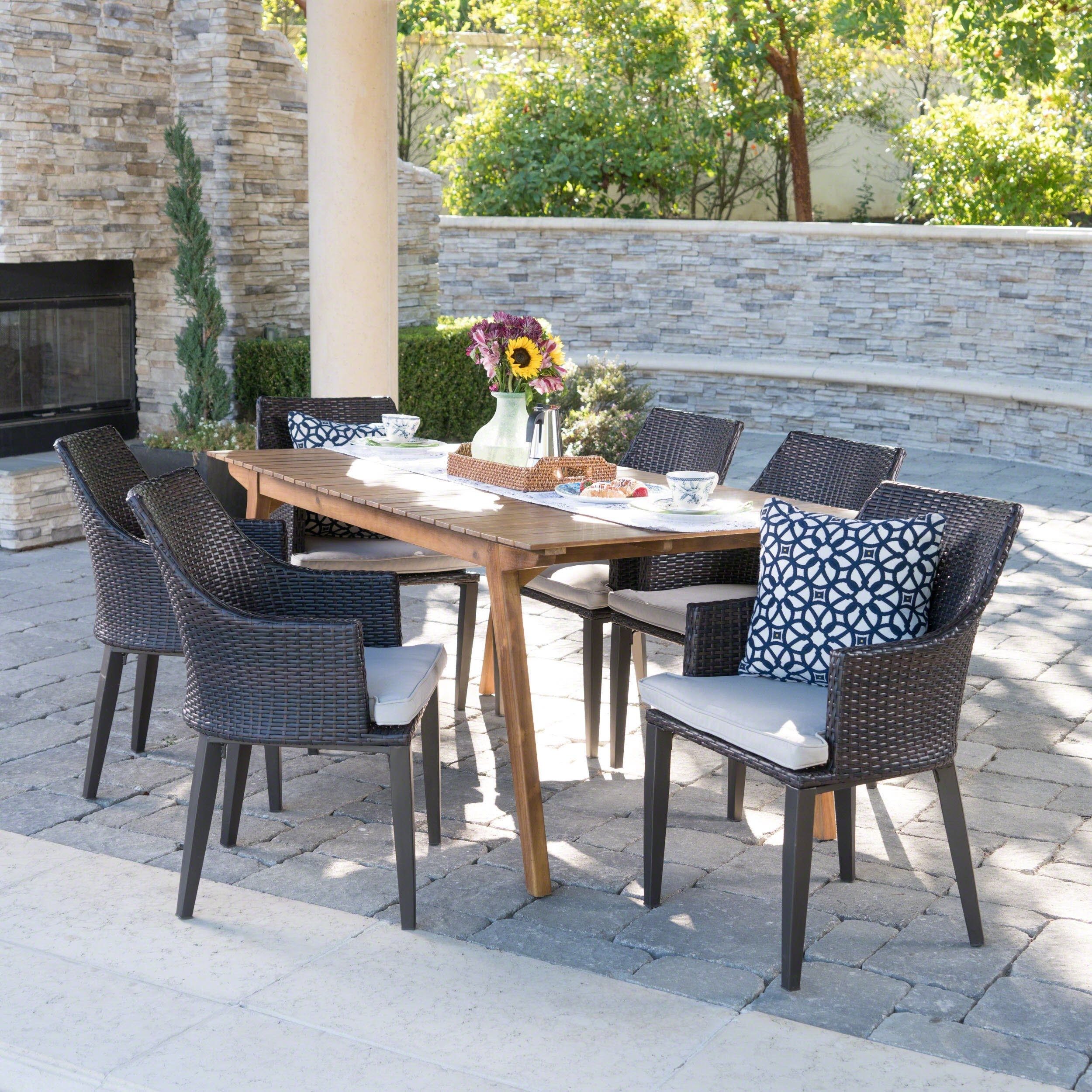 Shop Hemlock Outdoor 7 Piece Rectangle Wicker Wood Dining Set With Regarding Current Crawford 7 Piece Rectangle Dining Sets (View 19 of 20)