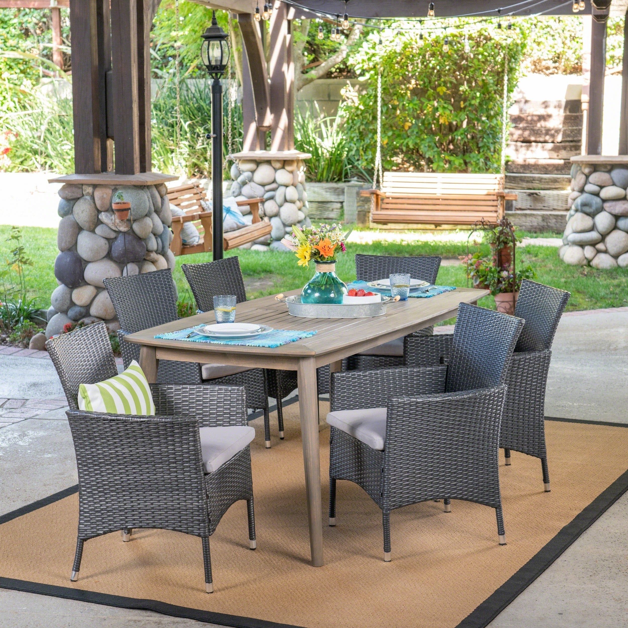 Shop Jaxon Outdoor 7 Piece Multibrown Pe Wicker Dining Set With Throughout Most Up To Date Jaxon Grey 7 Piece Rectangle Extension Dining Sets With Uph Chairs (View 13 of 20)