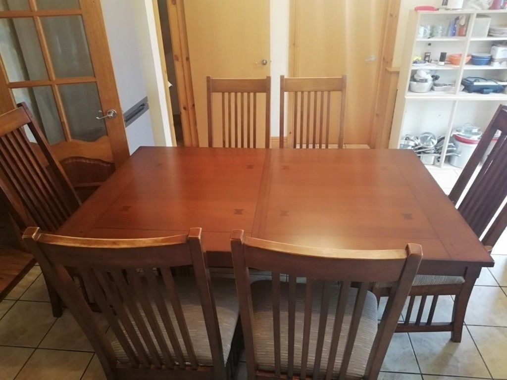 Solid Wood Dining Table With Extension Piece & 6 Chairs | In Pertaining To Latest Caira Extension Pedestal Dining Tables (View 16 of 20)