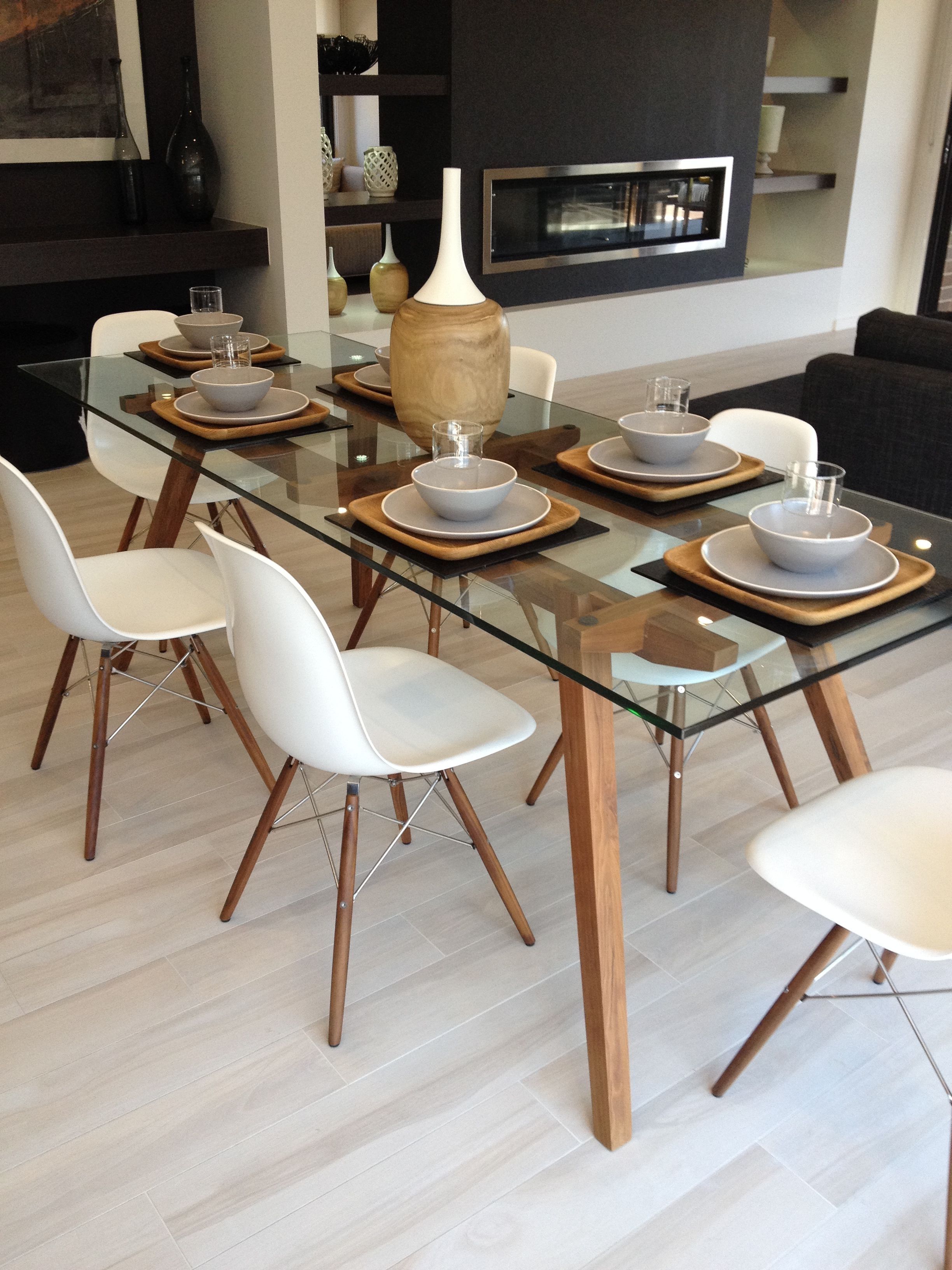 Sticotti Glass Dining Table And Eames Dining Chairs In Walnut For 2017 Helms 5 Piece Round Dining Sets With Side Chairs (View 6 of 20)