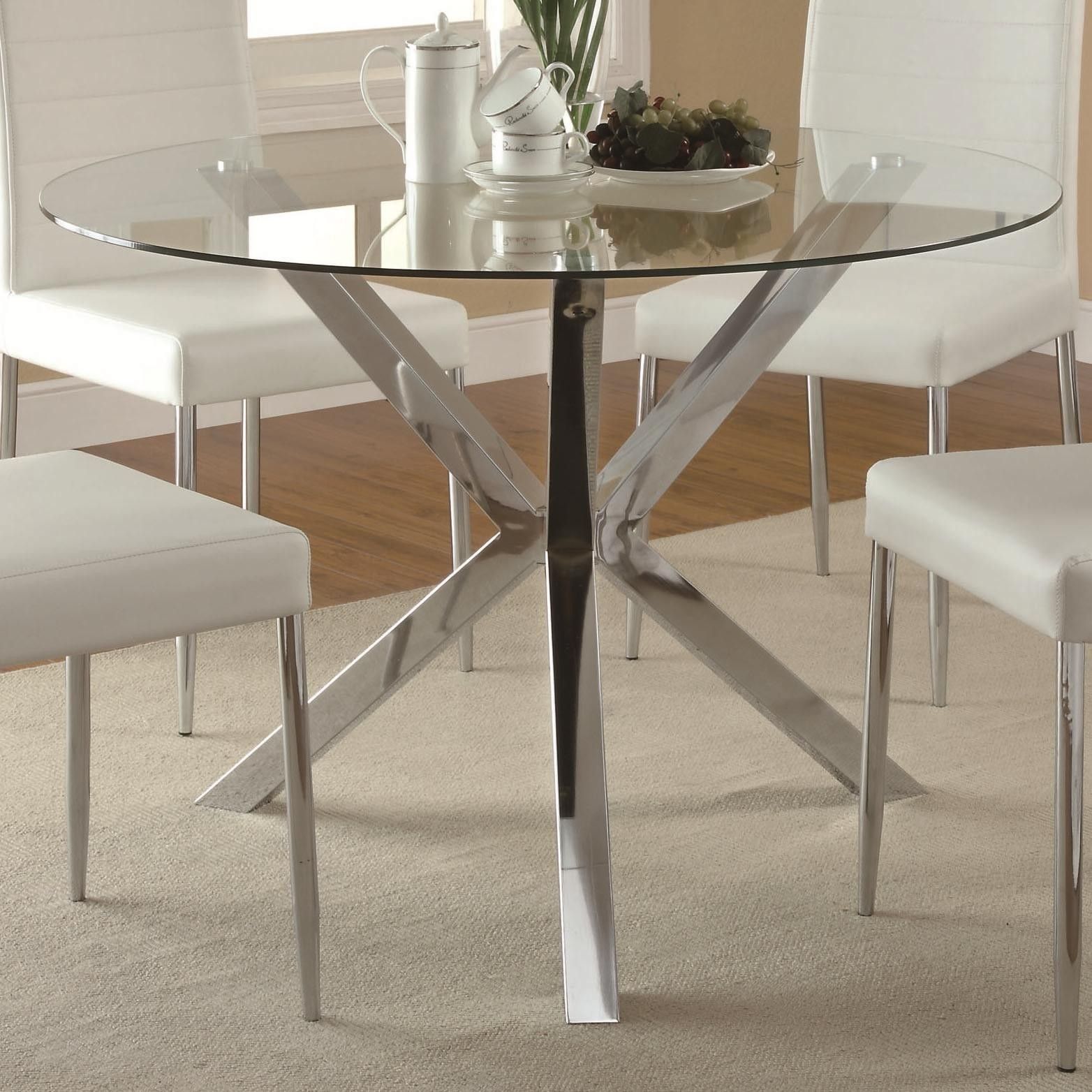 Vance Glass Top Dining Table With Unique Chrome Base 120760 Qlx1 Throughout Most Popular Lassen 5 Piece Round Dining Sets (View 5 of 20)