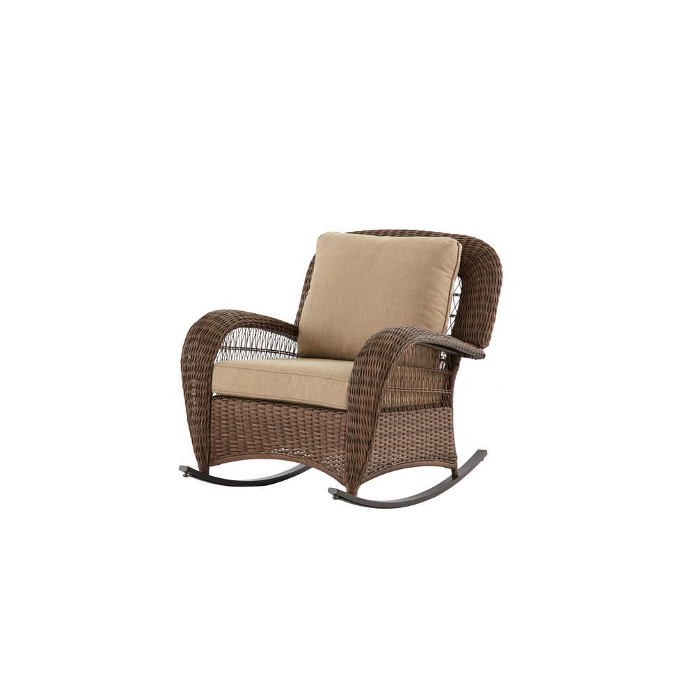Hampton Bay Beacon Park Wicker Outdoor Rocking Chair With Toffee In Katrina Blue Swivel Glider Chairs (View 11 of 20)