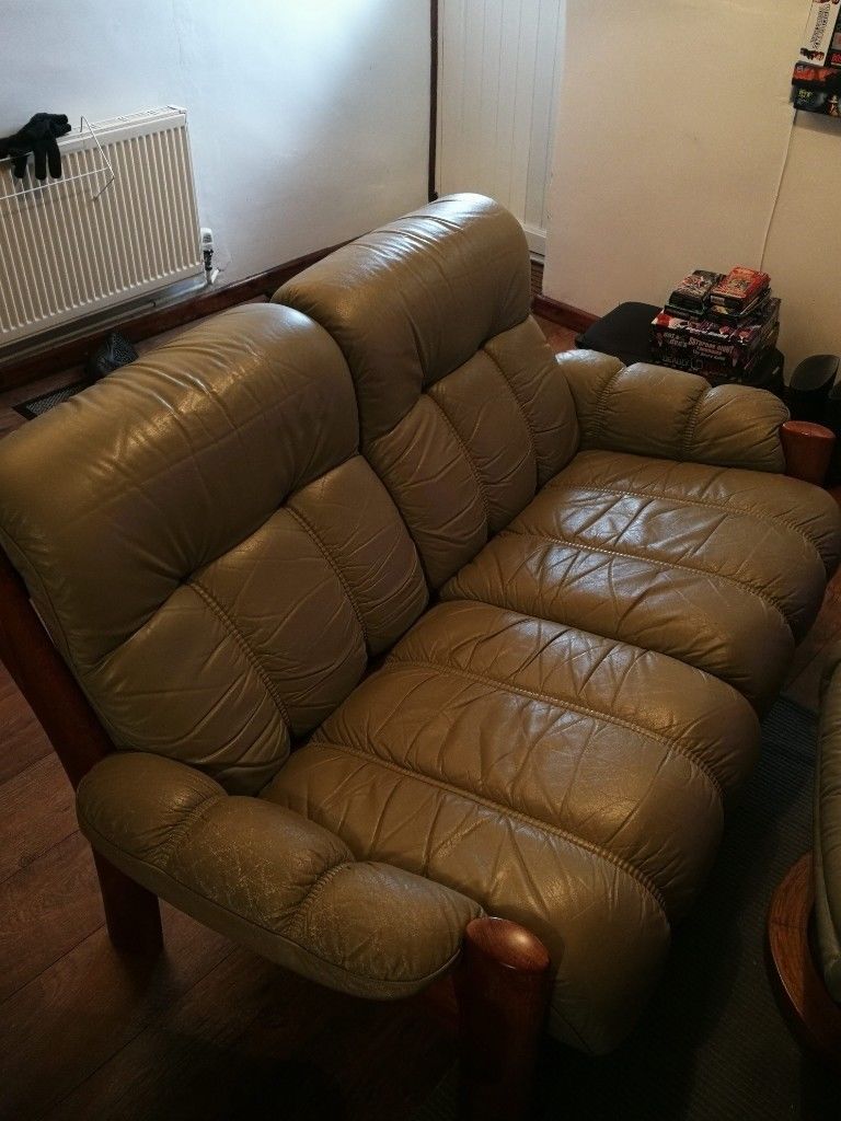 Leather 2 Person Sofa And Matching Arm Chair + Footstall | In Exeter With Devon Ii Arm Sofa Chairs (View 6 of 20)