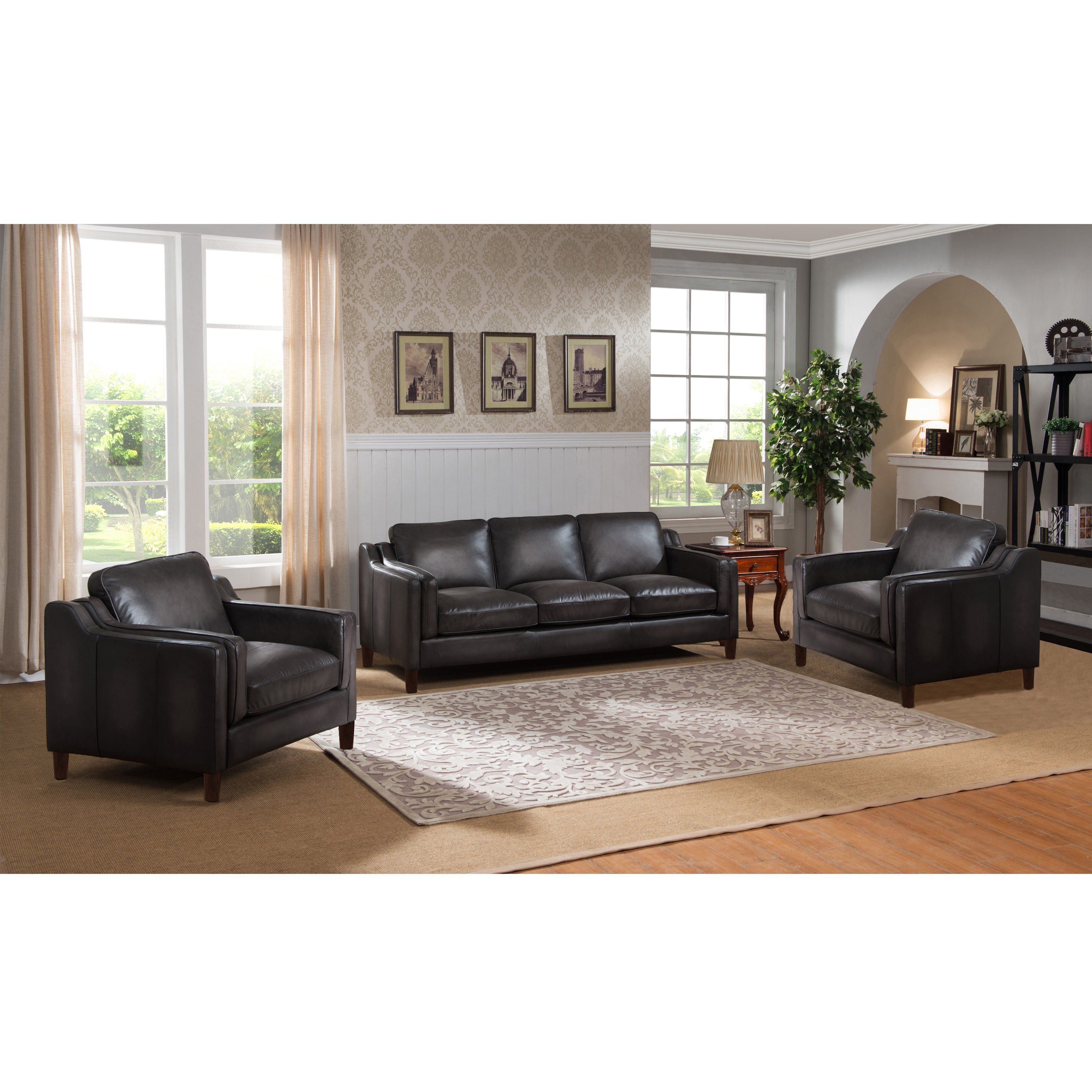 Shop Ames Premium Hand Rubbed Grey Top Grain Leather Sofa And Two Pertaining To Ames Arm Sofa Chairs (View 5 of 20)