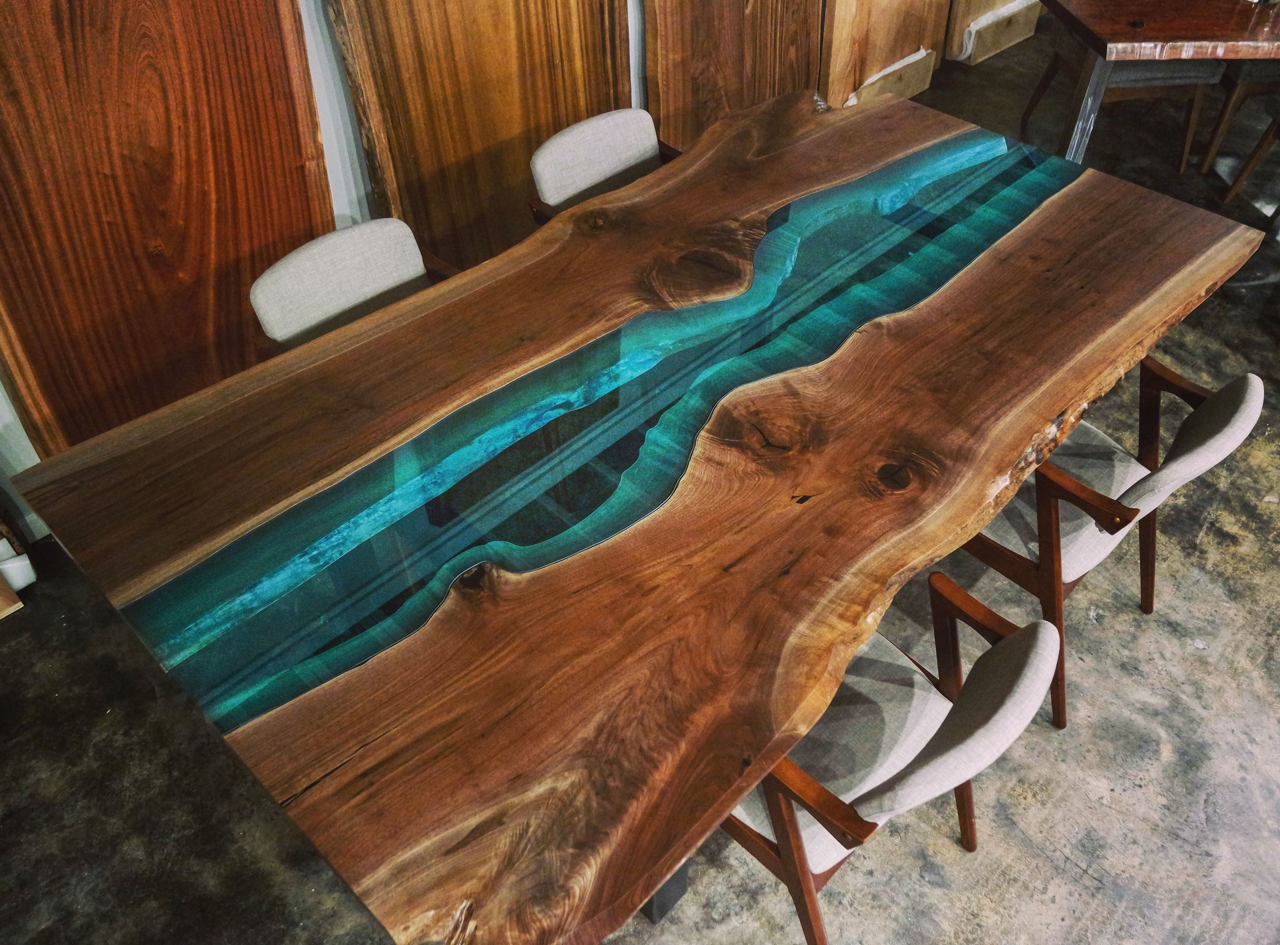 Available Now! Live Edge Bookmatched Walnut With Blue Glass River With Most Current Rarick 5 Piece Solid Wood Dining Sets (Set Of 5) (View 19 of 20)