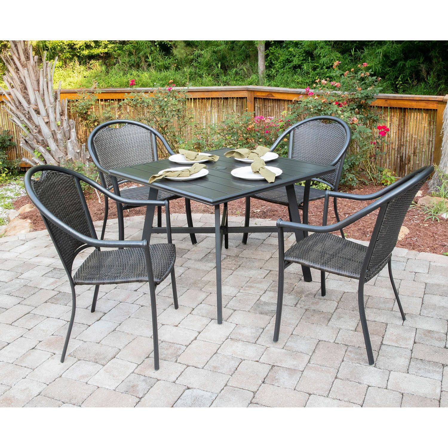 Bearden 5 Piece Commercial Grade All Weather Patio Set With 4 Woven Dining  Chairs And A 38 In (View 11 of 20)