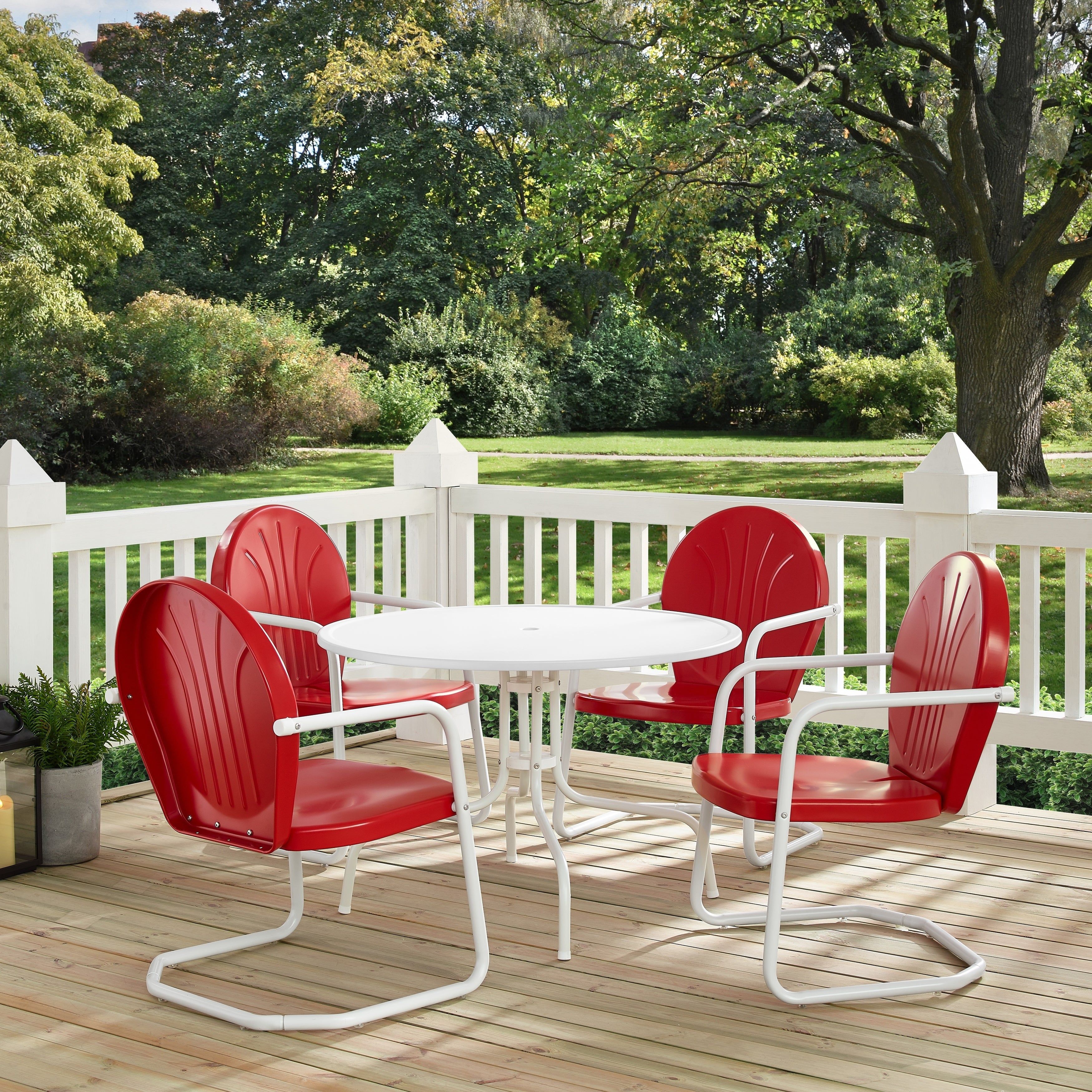 Griffith Metal Five Piece Outdoor Dining Set – 39" Dining Table In White  Finish With Red Finish Chairs For Current Bate Red Retro 3 Piece Dining Sets (View 3 of 20)