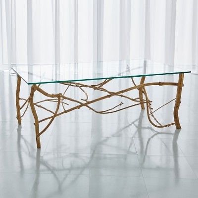 50" L Artisan Twig Cocktail Table Gold Leaf Organic Branch Base Tempered  Glass | Ebay For Glossy White Hollow Core Tempered Glass Cocktail Tables (View 25 of 25)