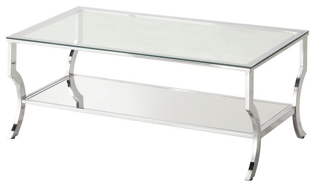 Accent Shiny Chrome Metal Coffee Table With Glass Top Mirrored Shelf In Contemporary Chrome Glass Top And Mirror Shelf Coffee Tables (View 4 of 25)