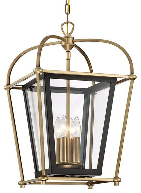 Baron 4 Light Foyer Lantern Chandelier Fixture, Aged Brass And Matte Black In Millbrook 5 Light Shaded Chandeliers (View 13 of 20)
