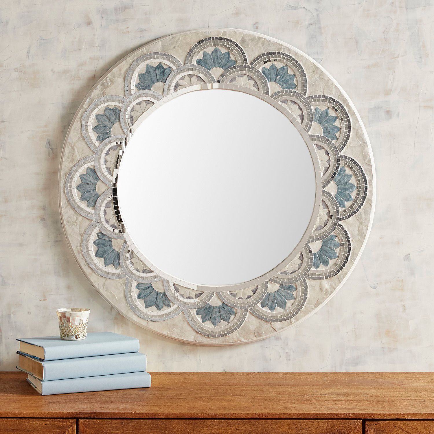 Blue Capiz Flower 32" Round Mirror | Colleen | Mirror Within Point Reyes Molten Round Wall Mirrors (View 7 of 20)