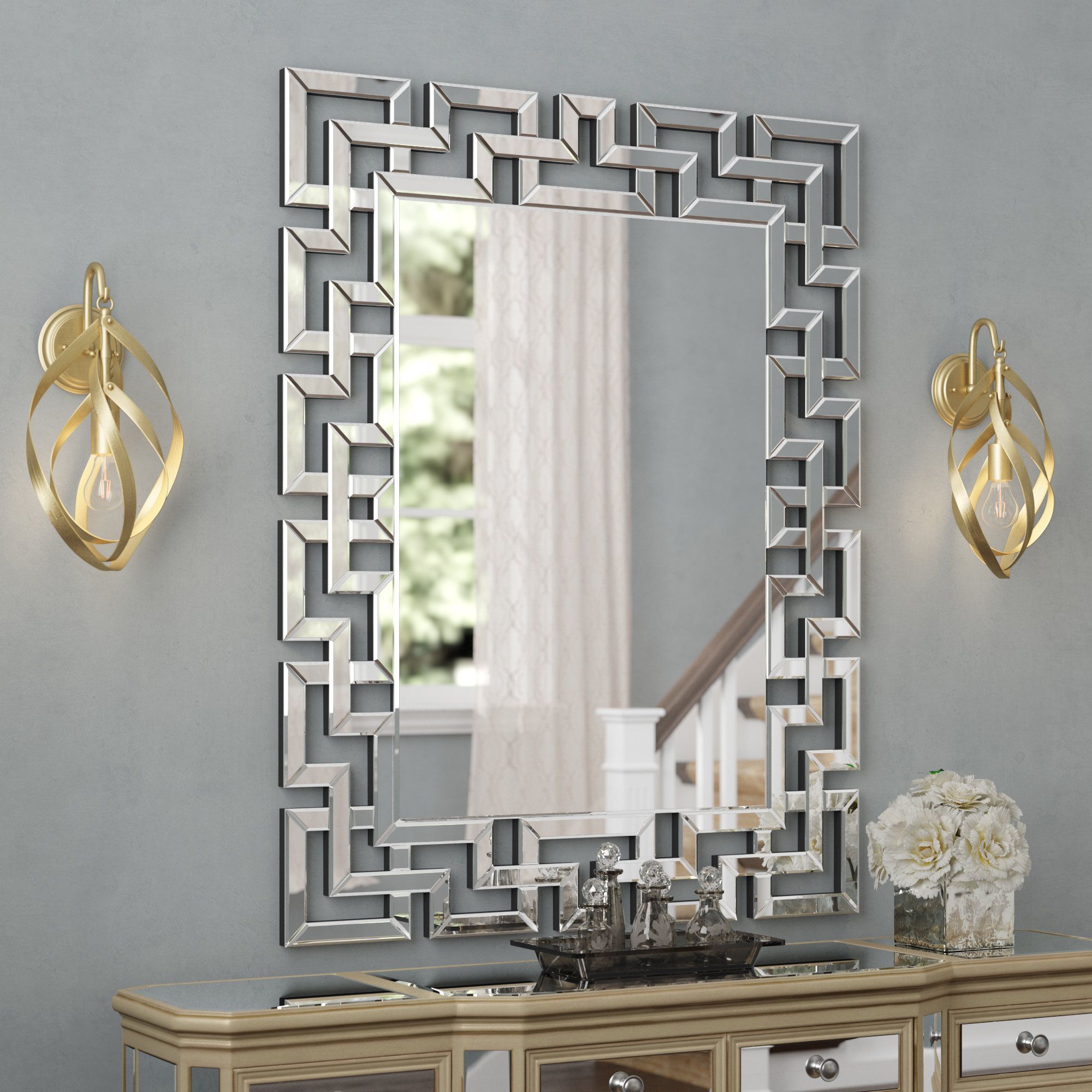 Caja Rectangle Glass Frame Wall Mirror Throughout Rectangle Ornate Geometric Wall Mirrors (View 5 of 20)