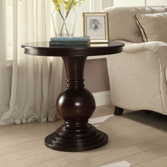 Details About Copper Grove Angelina Brown Wood And Veneer Round  Contemporary Accent Table Within Copper Grove Rochon Glass Top Wood Accent Tables (View 4 of 25)