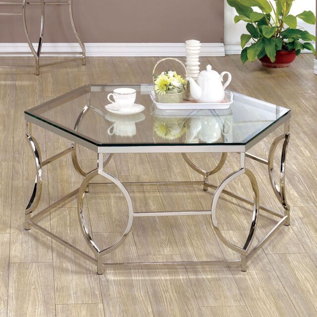 Furniture Of America Martello Contemporary Chrome Glass Top Hexagon Coffee – For Furniture Of America Tellarie Contemporary Chrome Coffee Tables (View 4 of 25)