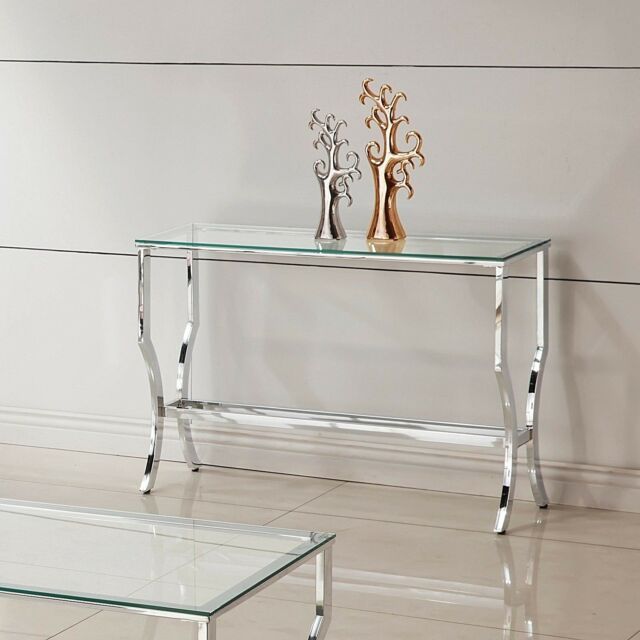 Glam Chrome Entry Console Sofa Table Tempered Glass Top Accent Metal Silver Pertaining To Silver Orchid Price Glass Coffee Tables (View 9 of 25)