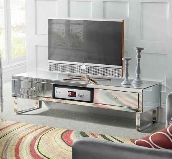 Mirrored Tv Stand Glass Cabinet Contemporary Decor Vintage Throughout Contemporary Chrome Glass Top And Mirror Shelf Coffee Tables (View 16 of 25)