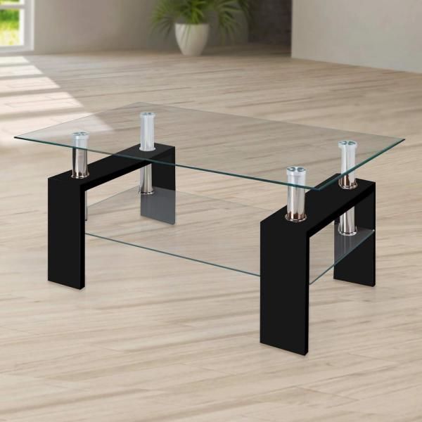 Modern Glass Black Coffee Table With Shelf Contemporary Living Room With Contemporary Chrome Glass Top And Mirror Shelf Coffee Tables (View 22 of 25)